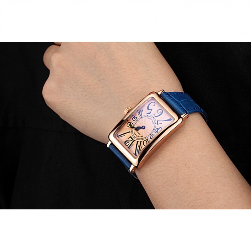 Franck Muller Long Island Classic Gold Dial Gold Case Blue Leather Band 622367-8