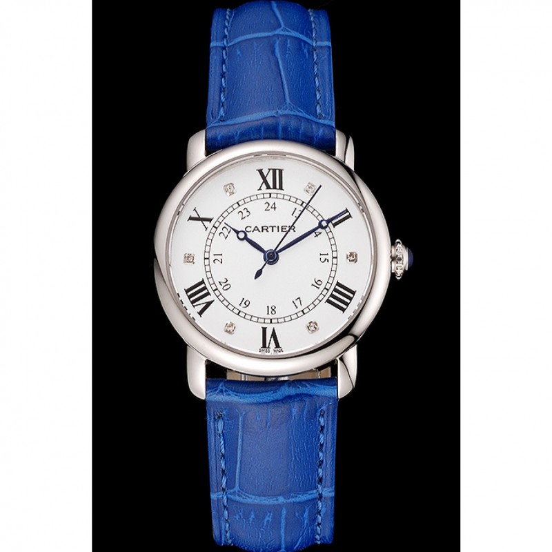Cartier Ronde White Dial Diamond Hour Marks Stainless Steel Case Blue Leather Strap-1