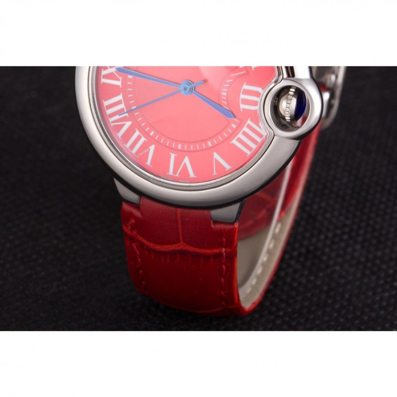 Luxury Replica Watches Cartier Ballon Bleu Silver Bezel with Red Dial and Red Leather Band 621556-6