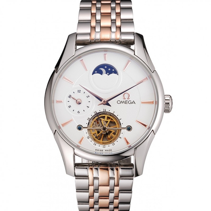 Omega De Ville Moonphase Tourbillon White Dial Stainless Steel Case Two Tone Steel Rose Gold Bracelet-0