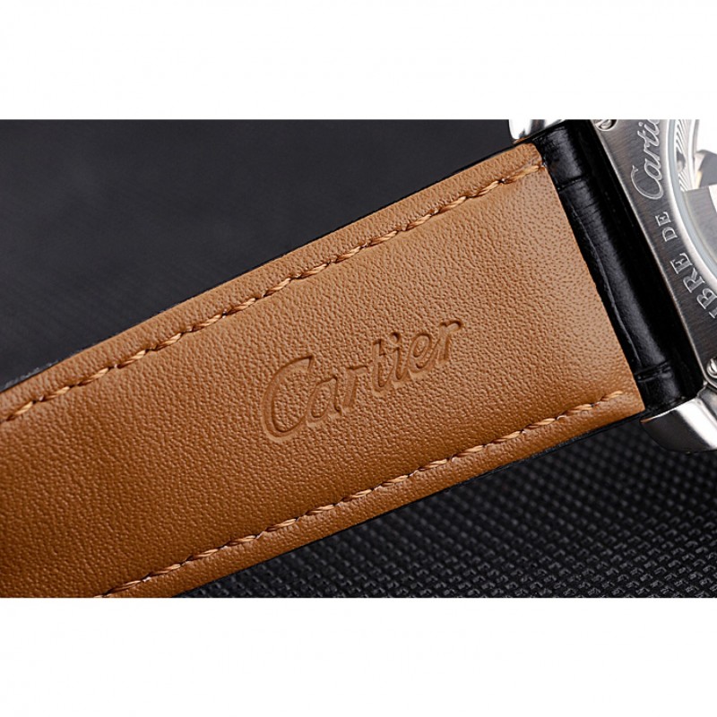 High End Replica Watches Cartier Calibre Tourbillon Black Dial Stainless Steel Case Black Leather Strap 622752-7