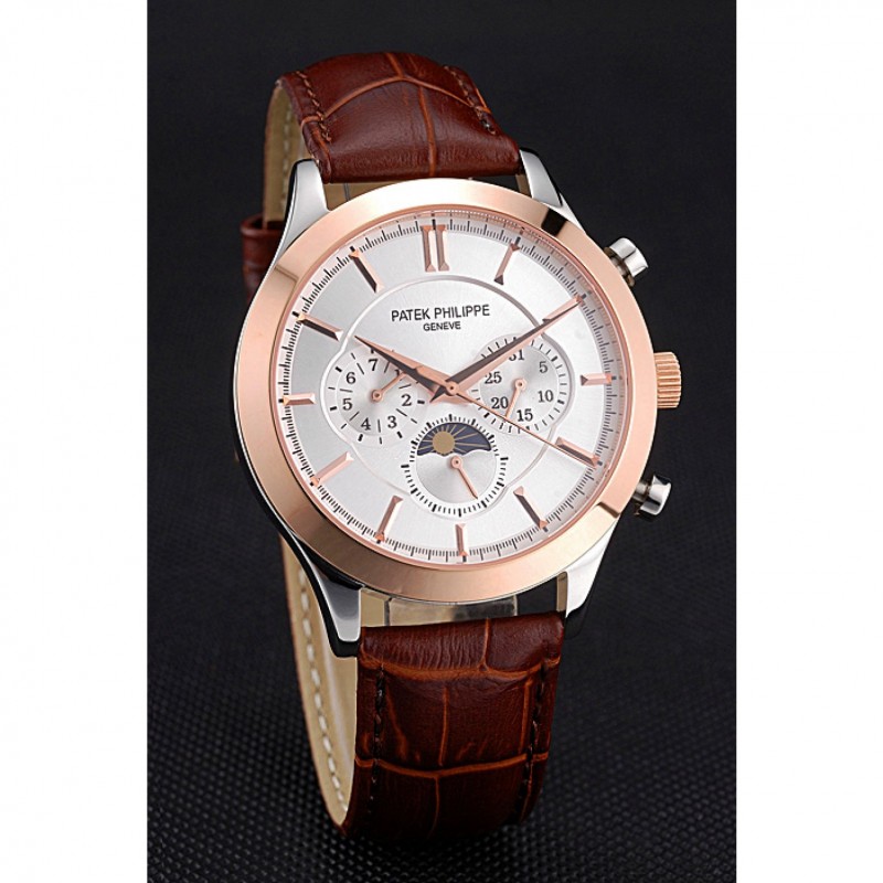 Luxury Patek Philippe Moonphase Chronograph White Dial Gold Case Brown Leather Strap 622843-2