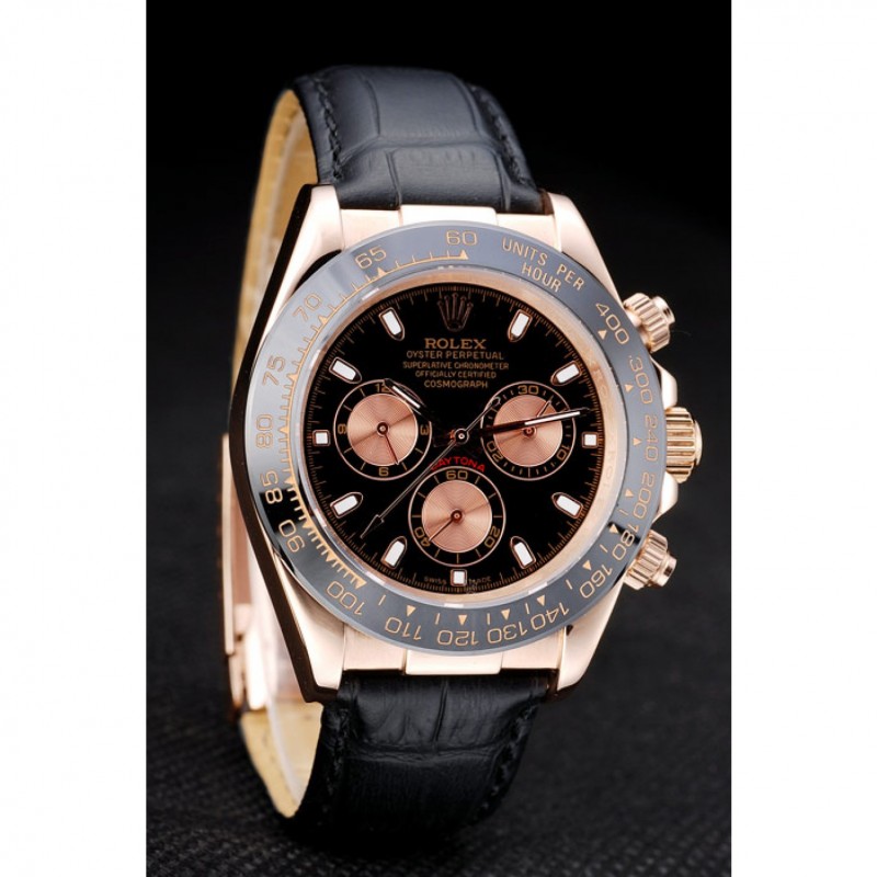 Rolex Daytona Rose Gold Case Black Dial Black Leather Strap-2