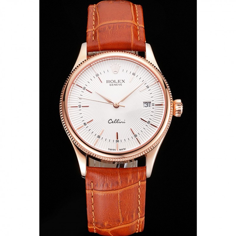 Luxury Replica Watches Swiss Rolex Cellini Date White Dial Rose Gold Case Brown Leather Strap-1