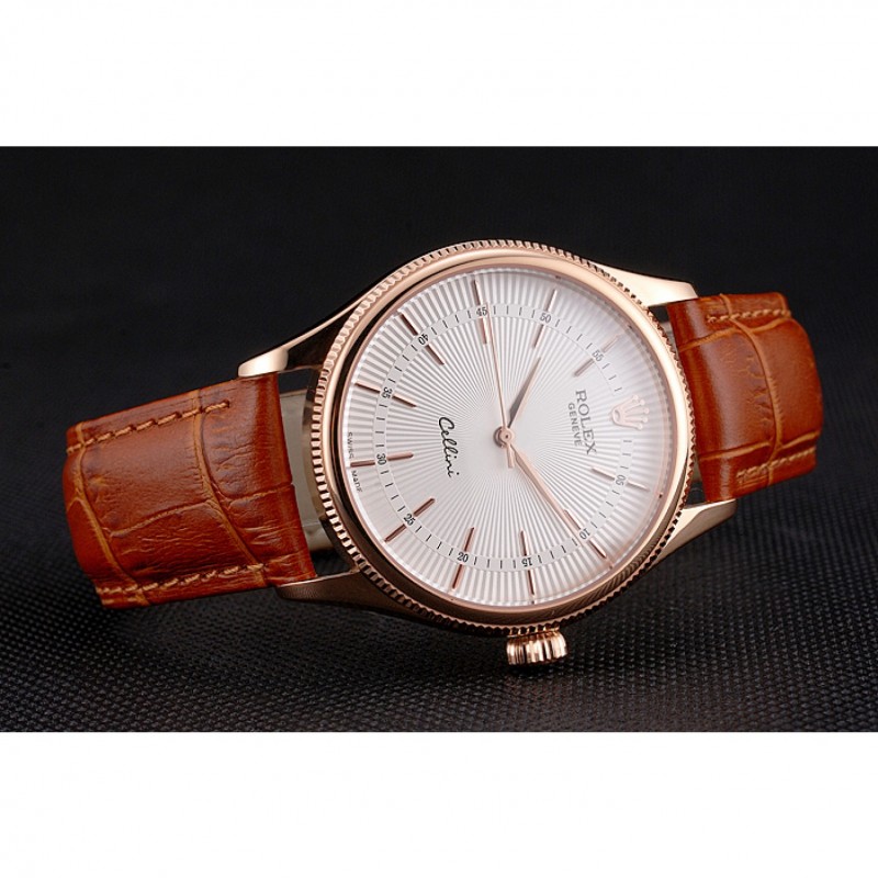 Swiss Rolex Cellini White Dial Rose Gold Case Brown Leather Strap-4