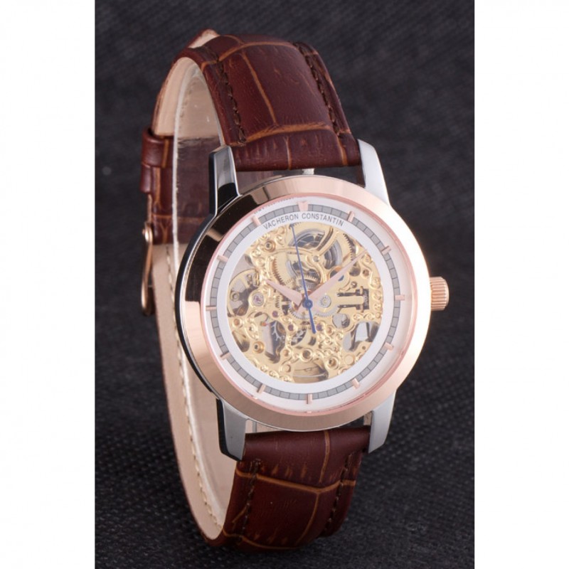 Vacheron Constantin White Skeleton Watch with Rose Gold Bezel and Brown Leather Strap 621539-2