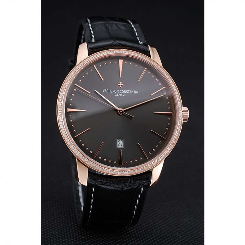 High End Replica Watches Swiss Vacheron Constantin Patrimony Grey Dial Gold Diamonds Case Black Leather Bracelet 1454173-2