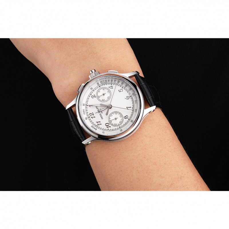 Swiss Patek Philippe Split Seconds Chronograph White Dial Silver Numerals Stainless Steel Case Black Leather Strap-7