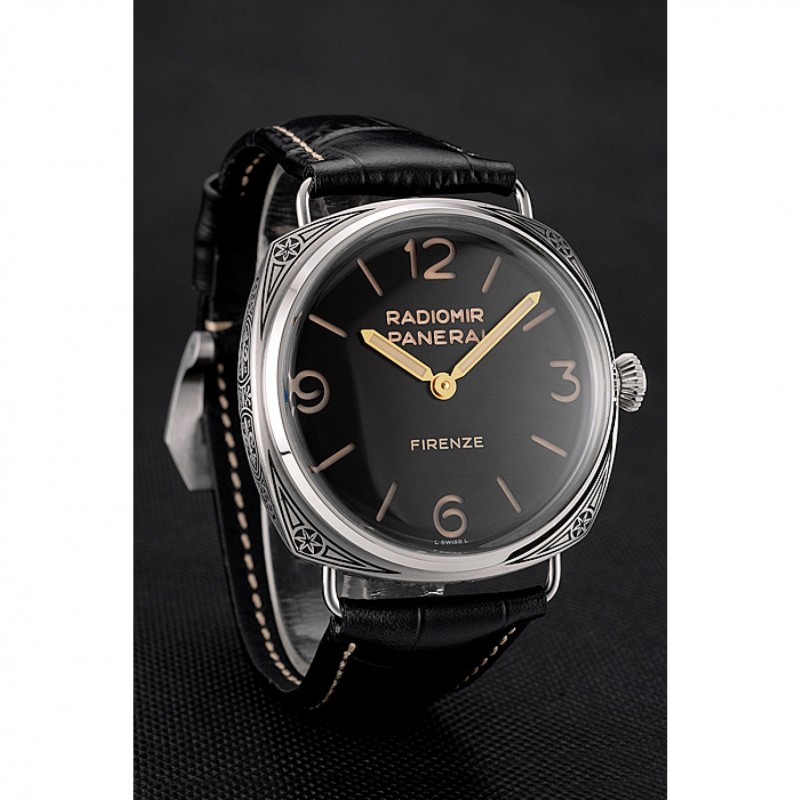 High End Swiss Panerai Radiomir 3 Days Acciaio"Firenze" Black Dial Stainless Steel Case Black Leather Strap-2