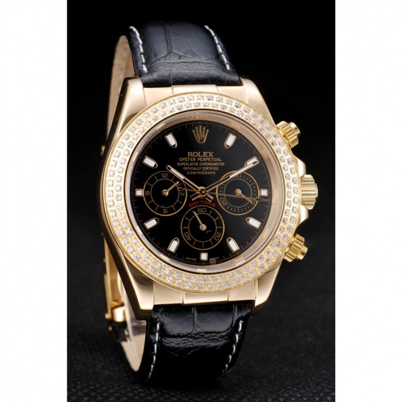 Rolex Daytona Gold Case Crystal Studded Bezel Black Dial-2