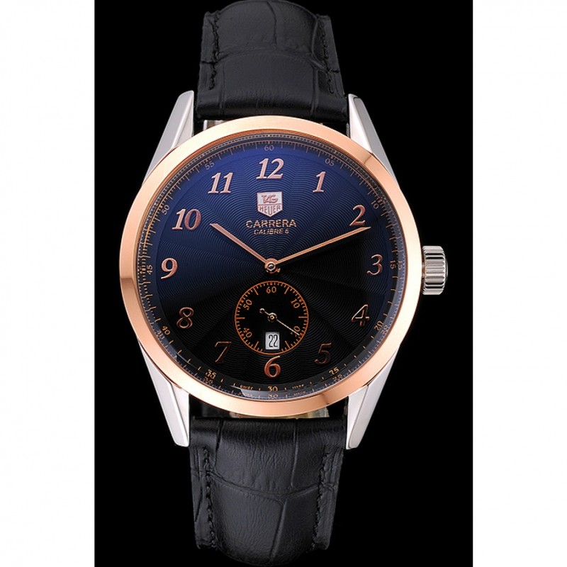 Tag Heuer Carerra Calibre 6 Black Dial Rose Gold Black Leather Band 622163-1
