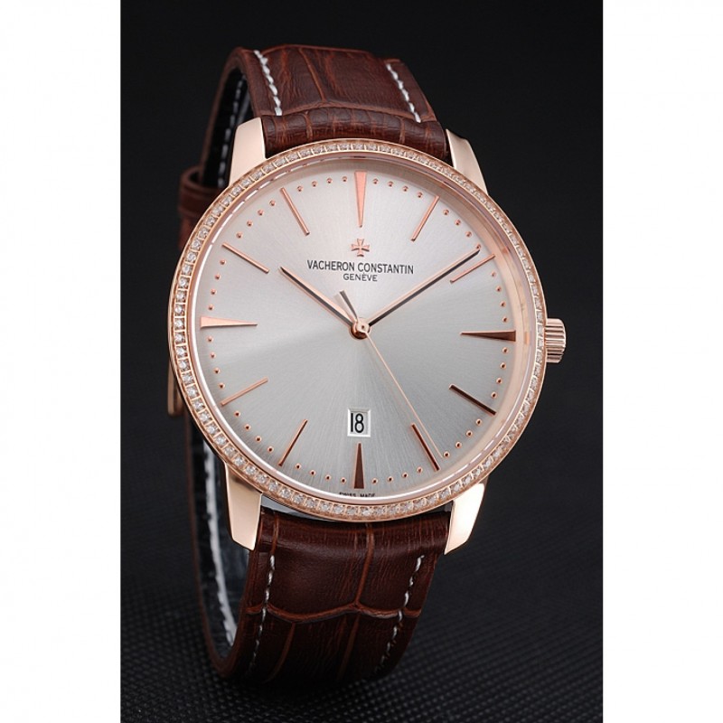 Swiss Vacheron Constantin Patrimony White Dial Rose Gold Diamonds Case Brown Leather Bracelet 1454170-2