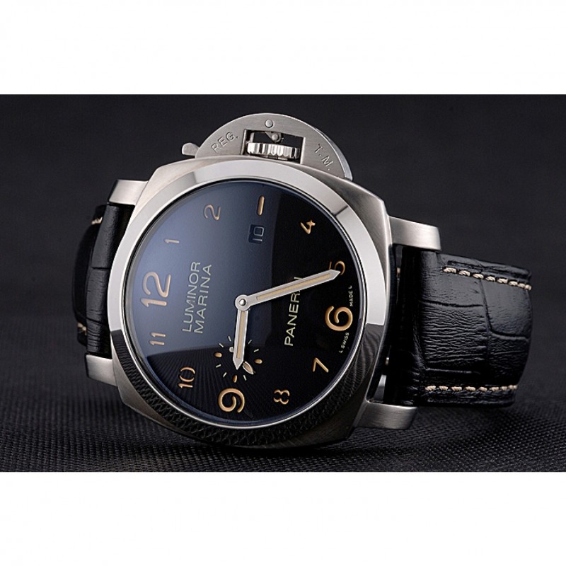 Panerai Luminor Marina 1950 Black Dial Brushed Steel Case Black Embossed Leather Strap-3
