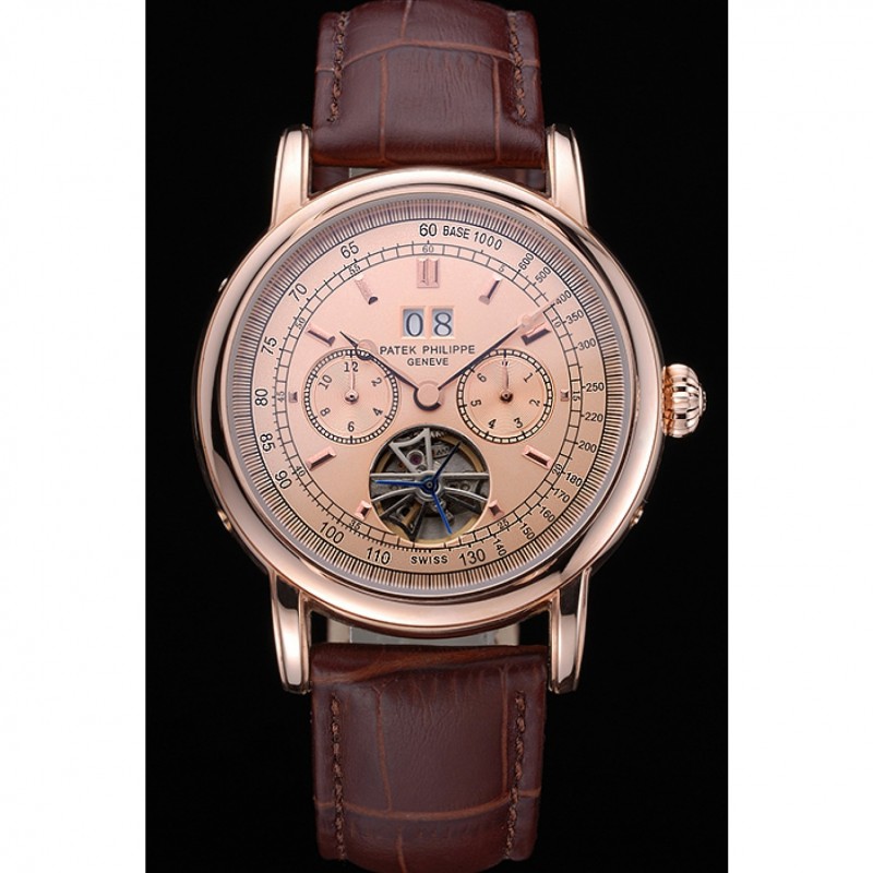 High Quality Replica Watches Patek Philippe Geneve Grand Complications Rose Dial Tourbillon Brown Leather Band 622158-1