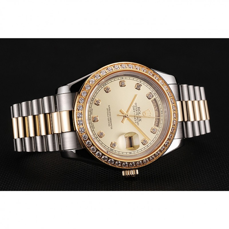Swiss Rolex Day-Date Champagne Dial Gold Diamond Case Two Tone Stainless Steel Bracelet 1453974-3