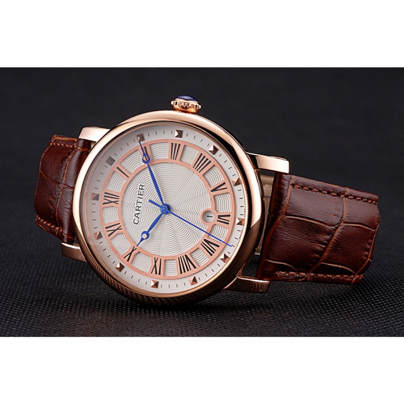 SS Cartier Rotonde Date White Dial Rose Gold Case Brown Leather Strap-3