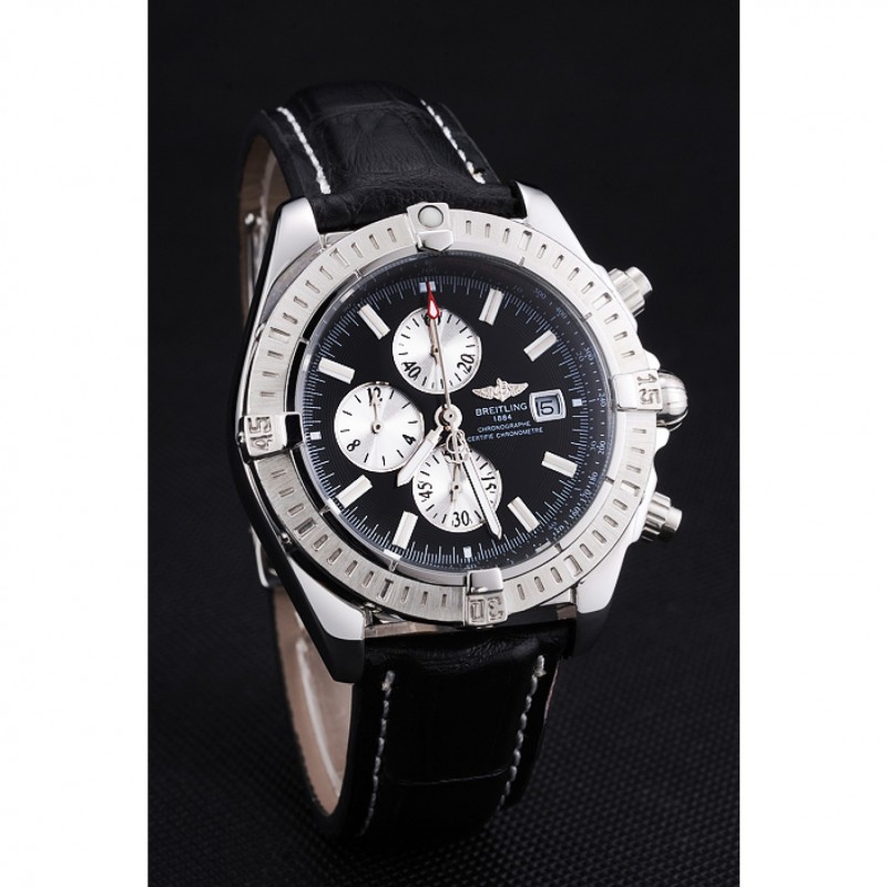 Breitling Chronomat 13 Stainless Steel Case Black Dial Black Leather Bracelet 622237-2