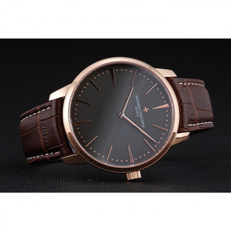 Swiss Vacheron Constantin Patrimony Grey Dial Rose Gold Case Brown Leather Bracelet 1454166-4