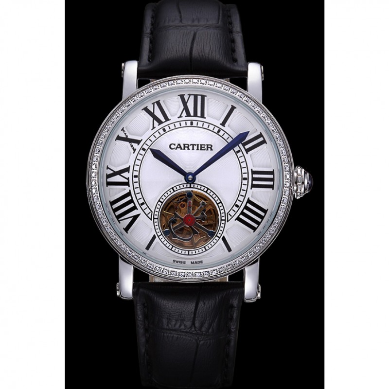 High End Replica Watches Cartier Rotonde Flying Tourbillon Diamonds White Dial 621954-1