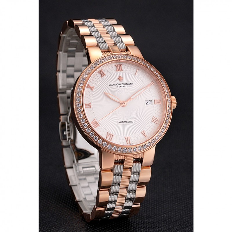 Swiss Vacheron Constantin Traditionnelle White Dial Diamond Bezel Rose Gold Case Two Tone Bracelet-2
