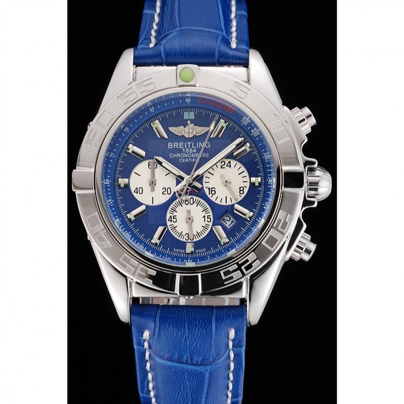 High End Breitling Chronomat Patrouille De France Blue Dial Stainless Steel Case Blue Leather Strap-1