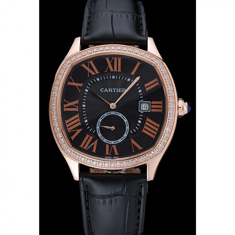 Cartier Drive De Cartier Black Dial Gold Diamond Case Black Leather Bracelet 1454217-1