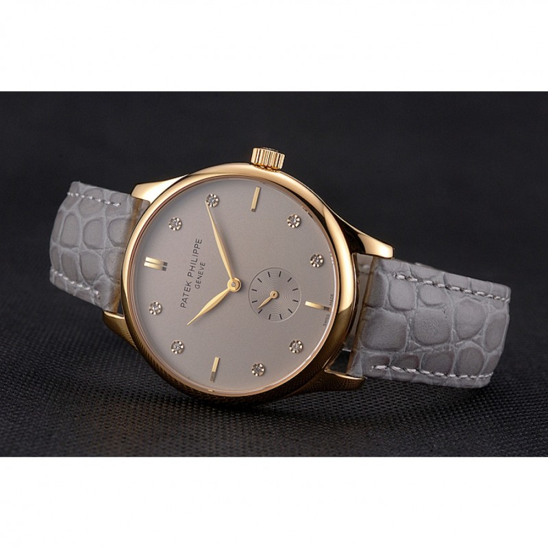 High Quality Patek Philippe Calatrava Gray Dial Diamond Markings Gold Case Gray Leather Strap-3