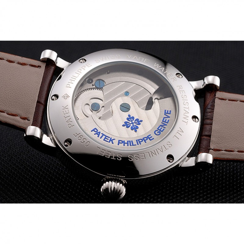 Patek Philippe Complications Moonphase Tourbillon White Dial Stainless Steel Case Brown Leather Strap-7