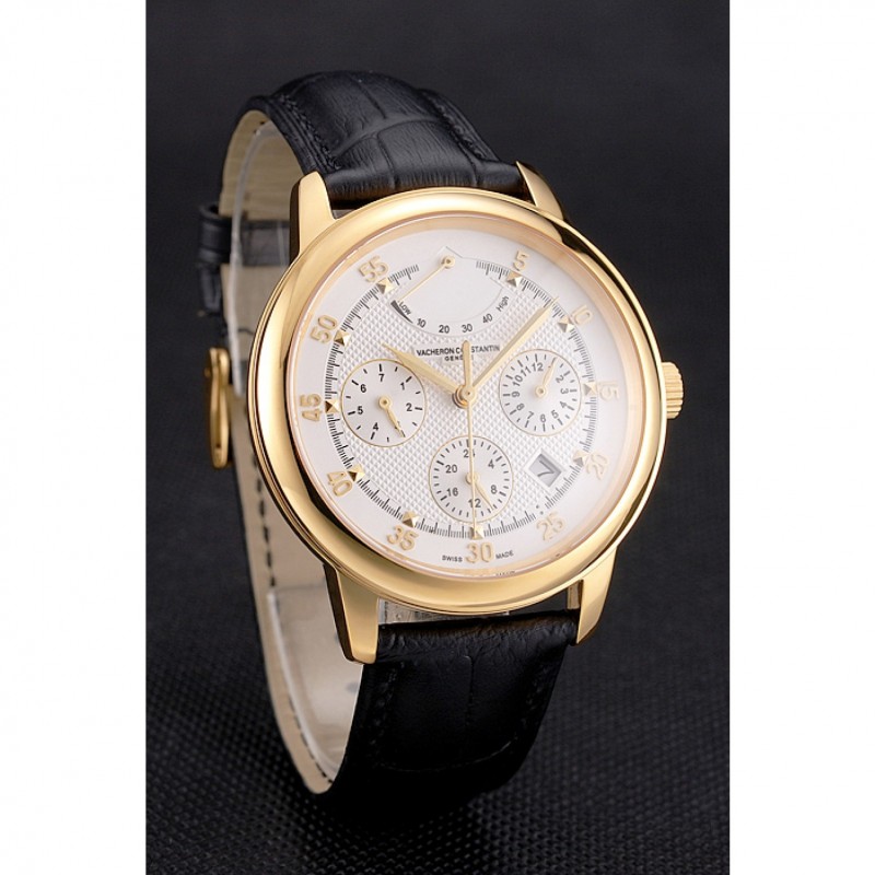Swiss Vacheron Constantin Traditionnelle Power Reserve White Dial Gold Case Black Leather Strap-2