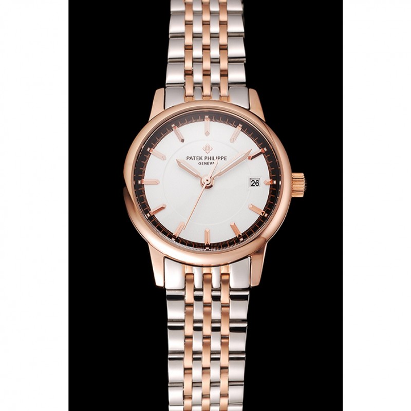 AAA Patek Philippe Calatrava Ladies White Dial Rose Gold Case Two Tone Bracelet 1453832-1