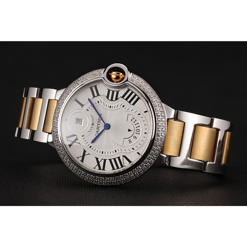 Swiss Cartier Ballon Bleu Two Timezone White Dial Diamond Case Gold And Silver Bracelet 1453876-3