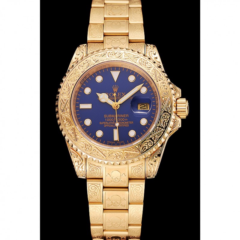 Swiss Rolex Submariner Skull Limited Edition Blue Dial Gold Case And Bracelet 1454089-1