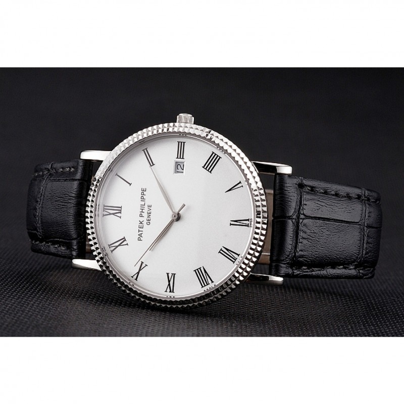 Patek Philippe Calatrava White Dial Roman Numerals Ribbed Bezel Stainless Steel Case Black Leather Strap-3
