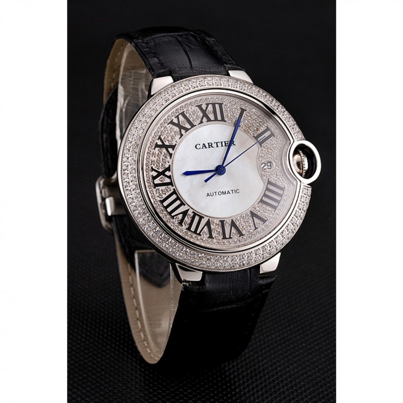 High Quality Replica Watches Swiss Cartier Ballon Bleu 46 MM Diamond Dial Diamond Case Black Leather Bracelet 1453894-1