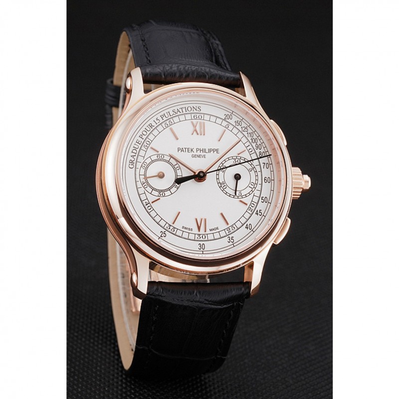 High End Replica Watches Swiss Patek Philippe 5170J Chronograph White Dial Rose Gold Case Black Leather Strap-2