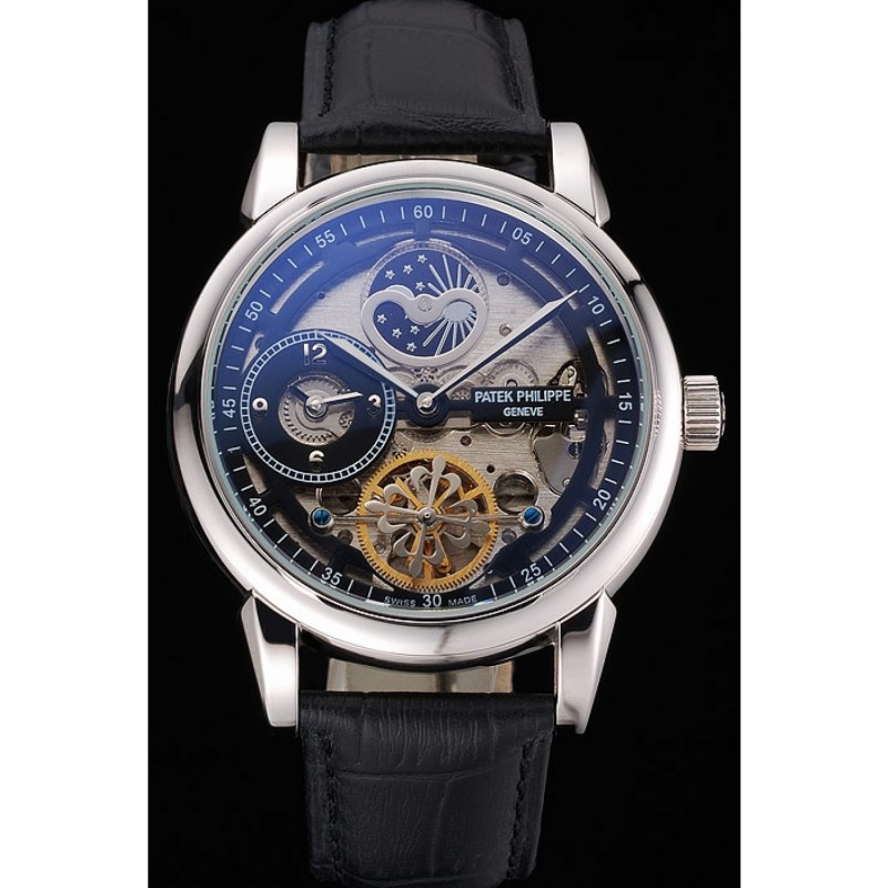 Patek Philippe Dual Time Moonphase Tourbillon Black Skeletonised Dial Stainless Steel Case Black Leather Strap-1