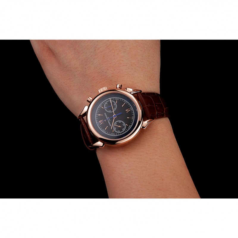 Swiss Vacheron Constantin Traditionnelle Chronograph Black Dial Gold Case Brown Leather Bracelet 1453995-8