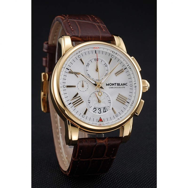 Cheap Replica Watches Montblanc Chronograph White Dial Brown Leather Bracelet Gold Case 1454113-2