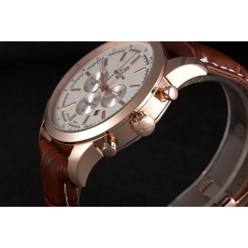 Breitling Transocean White Dial Brown Leather Strap Rose Gold Bezel-4