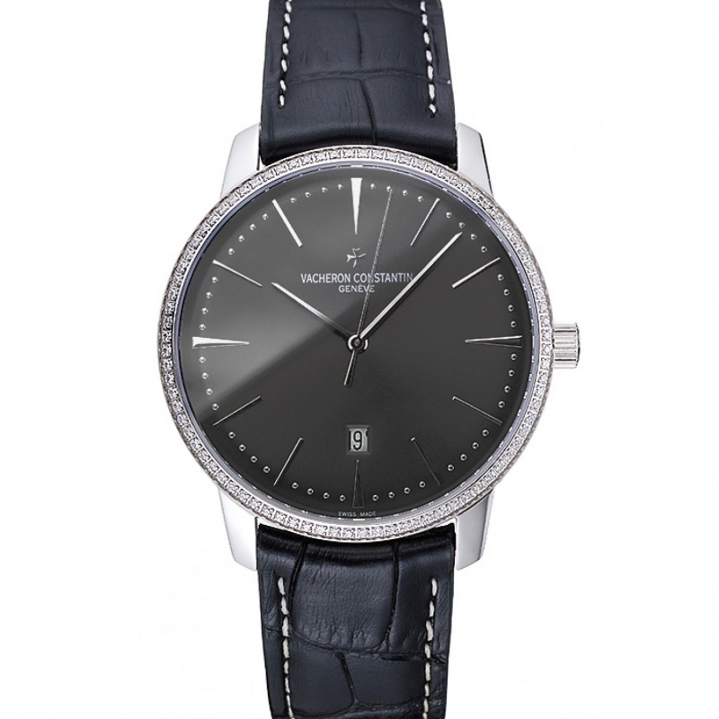 Swiss Vacheron Constantin Patrimony Grey Dial Silver Diamonds Case Black Leather Bracelet 1454163-0