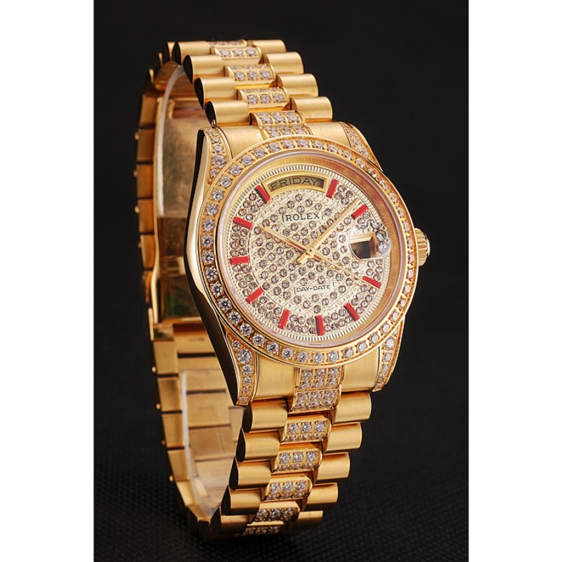 Swiss Rolex Day-Date Red Diamond Pave Dial Gold Diamond Bracelet 1453960-1