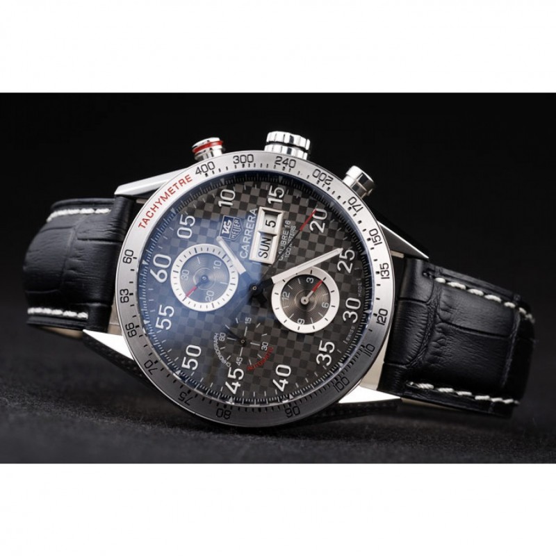 SS Replica Watches Tag Heuer Swiss Carrera Tachymeter Bezel Black Leather Strap Checkered Brown Dial-4