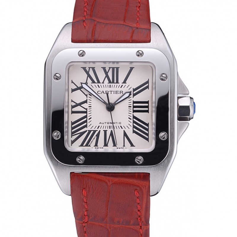 SS Replica Watches Swiss Cartier Santos White Dial Stainless Steel Case Red Leather Bracelet 622551-0