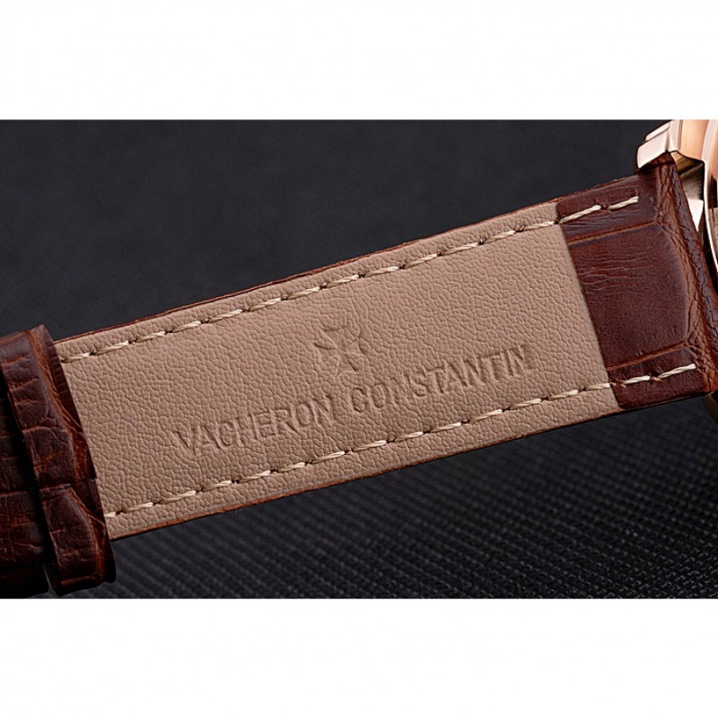 Luxury Vacheron Constantin Traditionnelle White Ship Dial Rose Gold Case With Diamonds Brown Leather Strap-6