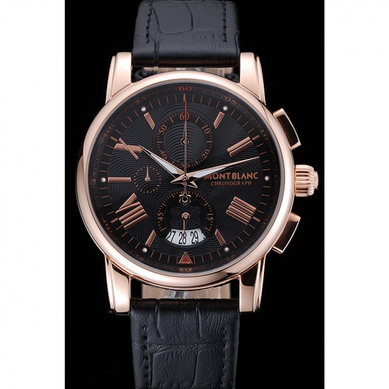Montblanc Chronograph Black Dial Black Leather Bracelet Rose-Gold Case 1454110-1