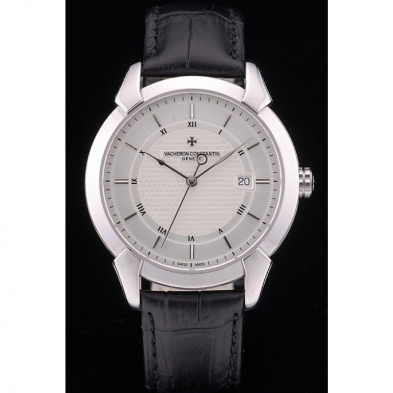 Swiss Vacheron Constantin Traditionnelle White Dial Roman Numerals Black Leather Bracelet-1