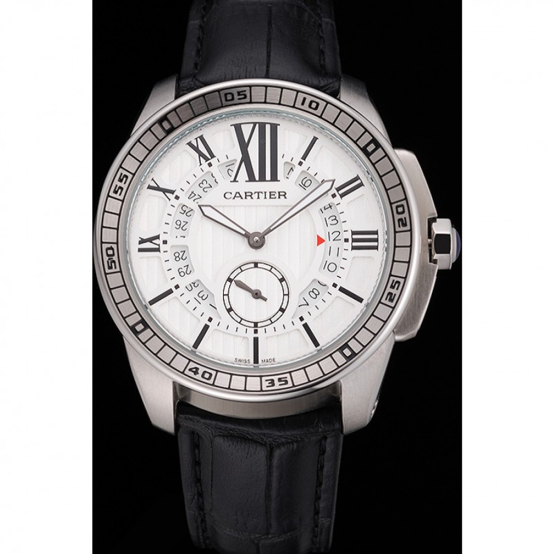 Cartier Calibre De Cartier Small Seconds White Dial Stainless Steel Case Black Leather Strap-1