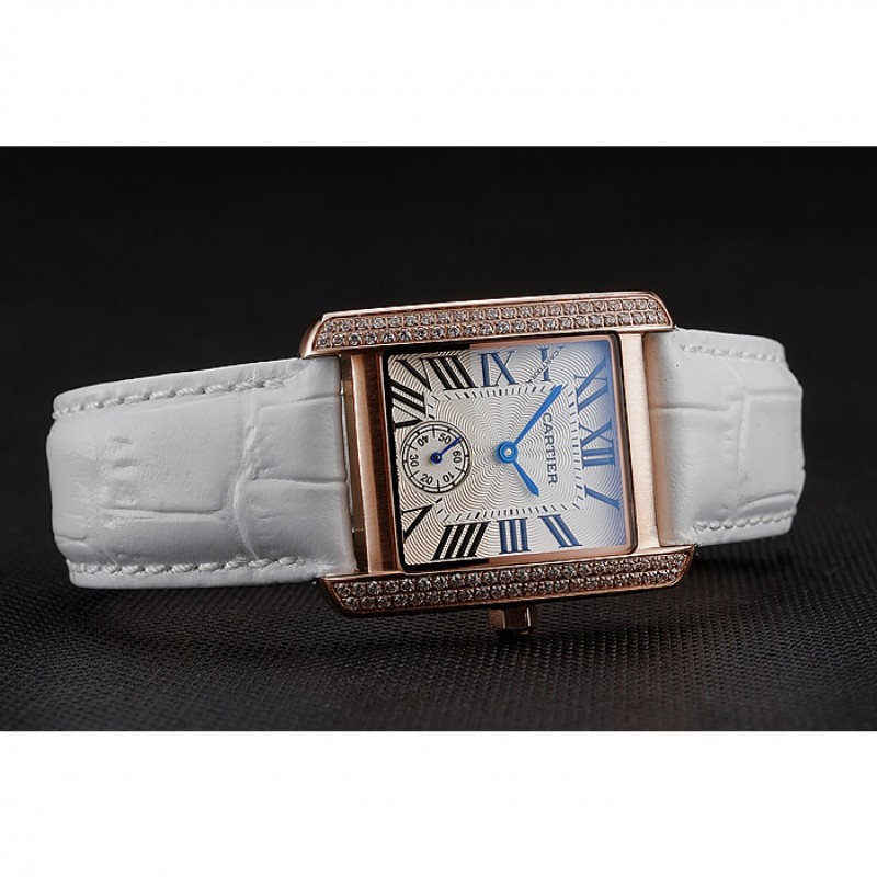 Cartier Tank MC Gold Diamond Case White Dial White Leather Strap 622169-3