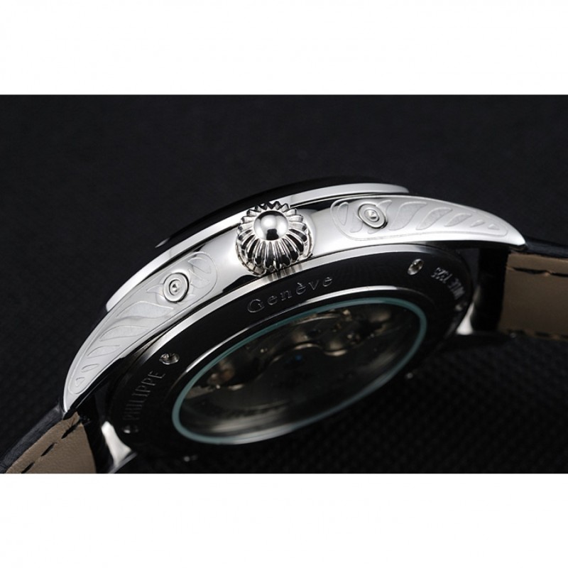 Cheap Replica Watches Patek Philippe Day Date Tourbillon Black Dial Stainless Steel Case Black Leather Strap 622839-8