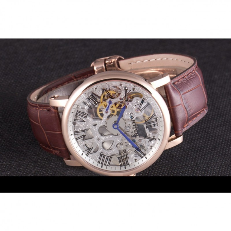 Luxury Cartier Luxury Skeleton Watch with Rose Gold Bezel and Brown Leather Band 621557-3